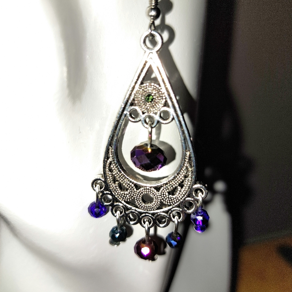 Purple/Blue Crystal Bead & Swarvoski Rhinestone Earrings Stainless Steel Hooks